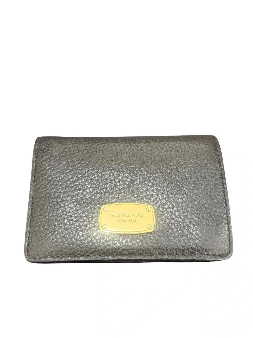 Michael Kors Metallic Pewter Pebbled Leather Card Holder with Gold Plaque